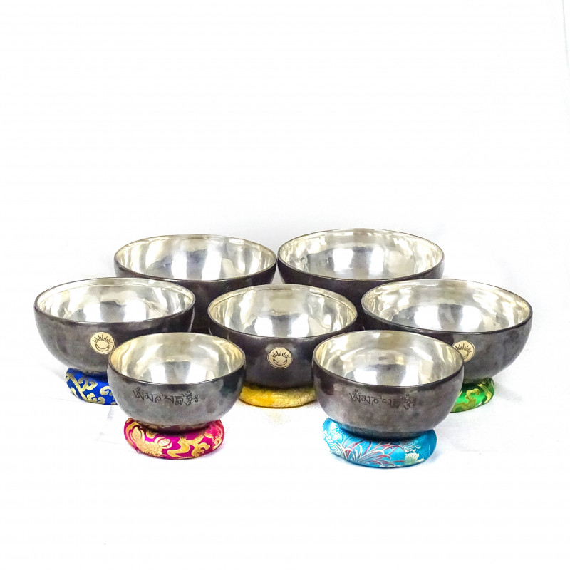 Vedic set of sun moon bowls with nice silver patina inside and dard patina outside
