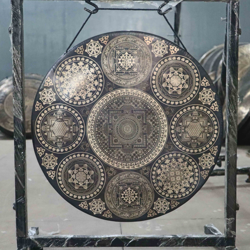 Chau gong with Shree Yantra, flower of life and kalachakra mandala
