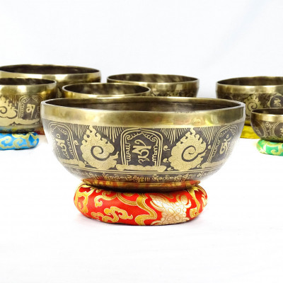 Carved singing bowl selected by frequency and note