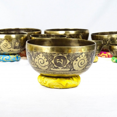 Carved singing bowl selected by frequency and note